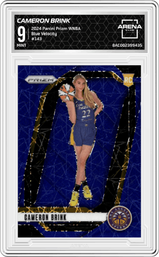Cameron Brink from the 2024 Panini Prizm WNBA set featuring a Blue Velocity parallel graded by Arena Club and given an overall grade of 9.