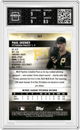 Paul Skenes from the 2024 Topps Stadium Club set graded by Arena Club and given an overall grade of 9.
