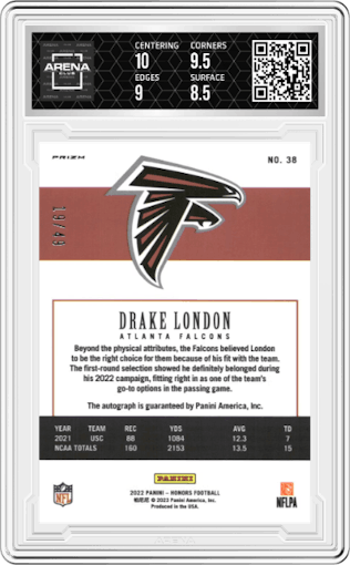 Drake London from the 2022 Panini Honors set graded by Arena Club and given an overall grade of 9.
