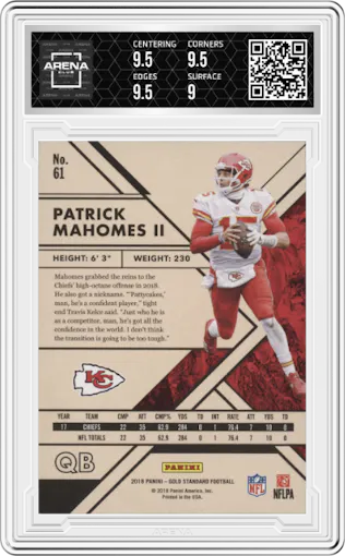 Patrick Mahomes II from the 2018 Panini Gold Standard set featuring a Platinum parallel graded by Arena Club and given an overall grade of 9.5.