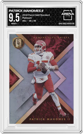 Patrick Mahomes II from the 2018 Panini Gold Standard set featuring a Platinum parallel graded by Arena Club and given an overall grade of 9.5.