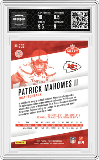 Patrick Mahomes II from the 2017 Panini Prestige set graded by Arena Club and given an overall grade of 9.