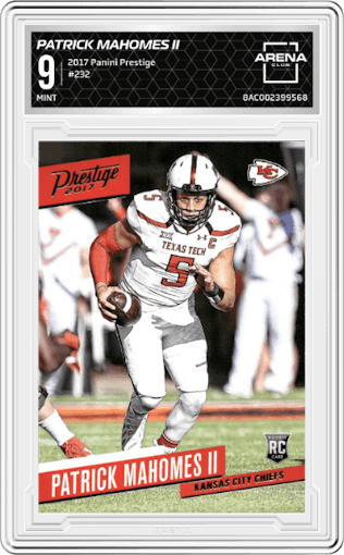 Patrick Mahomes II from the 2017 Panini Prestige set graded by Arena Club and given an overall grade of 9.