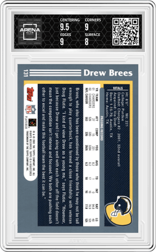 Drew Brees from the 2003 Topps set featuring a 1st Edition parallel graded by Arena Club and given an overall grade of 8.5.