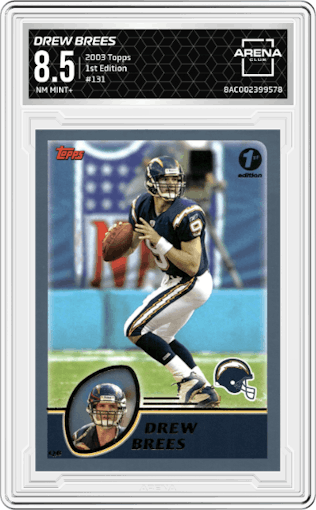 Drew Brees from the 2003 Topps set featuring a 1st Edition parallel graded by Arena Club and given an overall grade of 8.5.