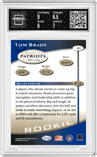 Tom Brady from the 2000 Quantum Leaf set graded by Arena Club and given an overall grade of 6.5.