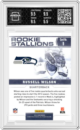 Russell Wilson from the 2012 Panini Contenders set graded by Arena Club and given an overall grade of 6.