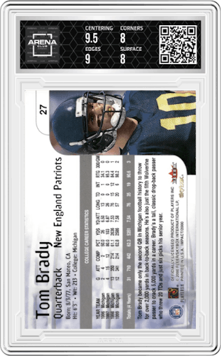 Tom Brady from the 2000 Impact  set graded by Arena Club and given an overall grade of 8.5.