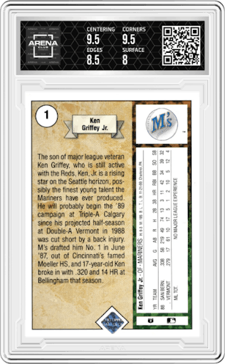 Ken Griffey Jr. from the 1989 Upper Deck set graded by Arena Club and given an overall grade of 8.5.