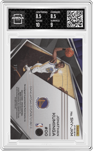 Jonathan Kuminga from the 2022-23 Panini Spectra set featuring a Asia Gold parallel graded by Arena Club and given an overall grade of 9.