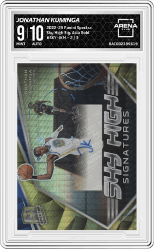 Jonathan Kuminga from the 2022-23 Panini Spectra set featuring a Asia Gold parallel graded by Arena Club and given an overall grade of 9.
