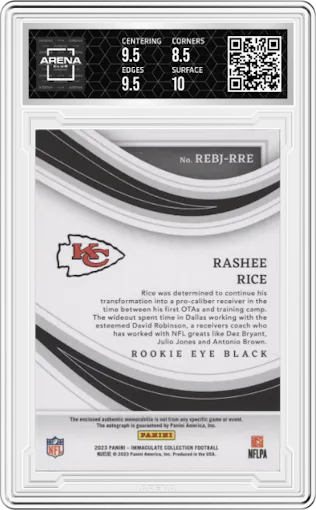 Rashee Rice from the 2023 Panini Immaculate Collection  set featuring a Gold parallel graded by Arena Club and given an overall grade of 9.