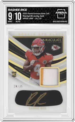 Rashee Rice from the 2023 Panini Immaculate Collection  set featuring a Gold parallel graded by Arena Club and given an overall grade of 9.