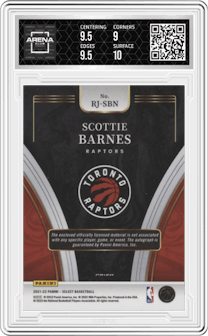 Scottie Barnes  from the 2021-22 Panini Select set featuring a Red Wave parallel graded by Arena Club and given an overall grade of 9.5.