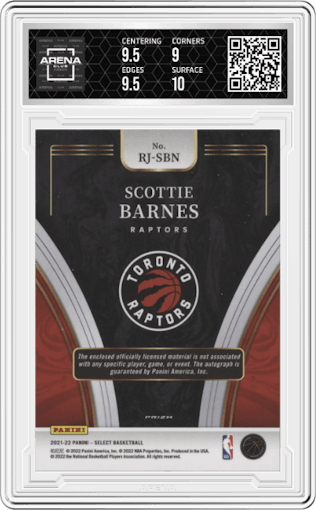 Scottie Barnes  from the 2021-22 Panini Select set featuring a Red Wave parallel graded by Arena Club and given an overall grade of 9.5.