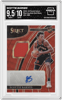 Scottie Barnes  from the 2021-22 Panini Select set featuring a Red Wave parallel graded by Arena Club and given an overall grade of 9.5.