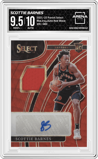 Scottie Barnes  from the 2021-22 Panini Select set featuring a Red Wave parallel graded by Arena Club and given an overall grade of 9.5.