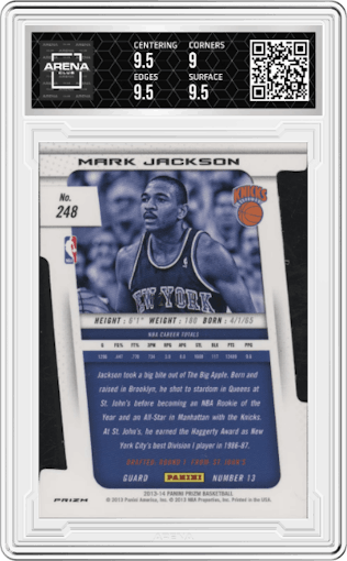 Mark Jackson from the 2013-14 Panini Prizm set featuring a Die-Cut Light Blue  parallel graded by Arena Club and given an overall grade of 9.5.