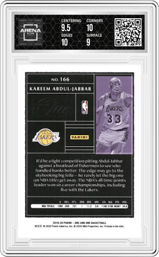 Kareem Abdul-Jabbar from the 2019-20 Panini One and One set featuring a Purple parallel graded by Arena Club and given an overall grade of 9.5.