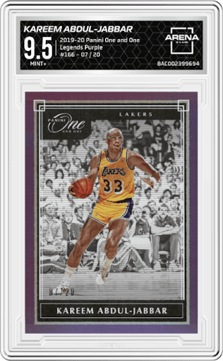 Kareem Abdul-Jabbar from the 2019-20 Panini One and One set featuring a Purple parallel graded by Arena Club and given an overall grade of 9.5.