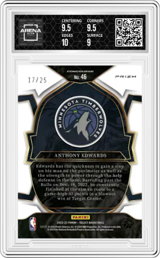 Anthony Edwards from the 2022-23 Panini Select set featuring a Blue Disco parallel graded by Arena Club and given an overall grade of 9.5.
