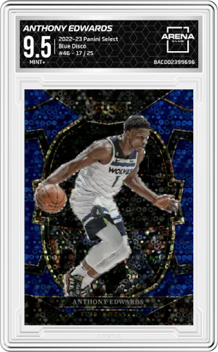 Anthony Edwards from the 2022-23 Panini Select set featuring a Blue Disco parallel graded by Arena Club and given an overall grade of 9.5.