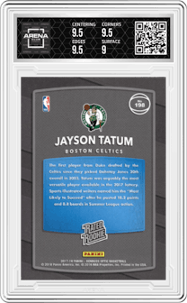 Jayson Tatum from the 2017-18 Panini Donruss Optic set graded by Arena Club and given an overall grade of 9.5.