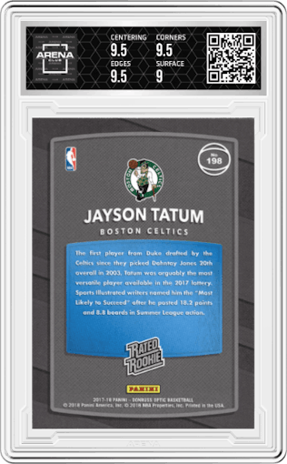 Jayson Tatum from the 2017-18 Panini Donruss Optic set graded by Arena Club and given an overall grade of 9.5.