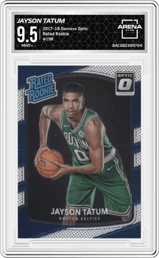 Jayson Tatum from the 2017-18 Panini Donruss Optic set graded by Arena Club and given an overall grade of 9.5.