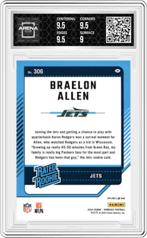 Braelon Allen from the 2024 Donruss set featuring a Red Pandora parallel graded by Arena Club and given an overall grade of 9.5.