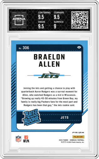 Braelon Allen from the 2024 Donruss set featuring a Red Pandora parallel graded by Arena Club and given an overall grade of 9.5.