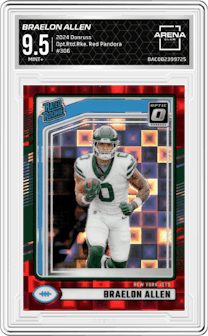 Braelon Allen from the 2024 Donruss set featuring a Red Pandora parallel graded by Arena Club and given an overall grade of 9.5.