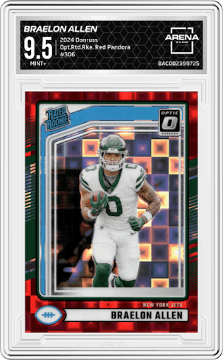 Braelon Allen from the 2024 Donruss set featuring a Red Pandora parallel graded by Arena Club and given an overall grade of 9.5.