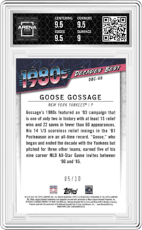 Goose Gossage from the 2020 Topps Series 2 set featuring a Red parallel graded by Arena Club and given an overall grade of 9.5.