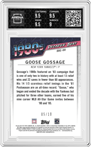 Goose Gossage from the 2020 Topps Series 2 set featuring a Red parallel graded by Arena Club and given an overall grade of 9.5.