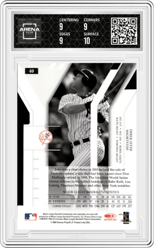 Derek Jeter from the 2004 Donruss Elite Extra Edition set featuring a Turn Of The Century parallel graded by Arena Club and given an overall grade of 9.5.