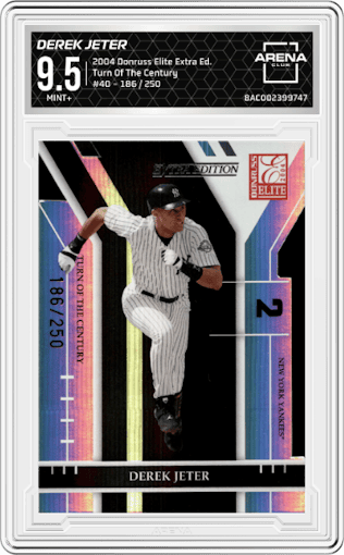 Derek Jeter from the 2004 Donruss Elite Extra Edition set featuring a Turn Of The Century parallel graded by Arena Club and given an overall grade of 9.5.