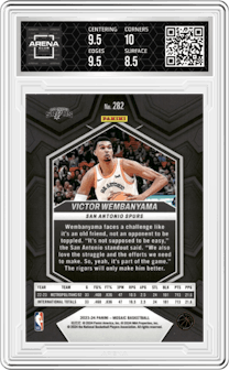 Victor Wembanyama from the 2023-24 Panini Mosaic set graded by Arena Club and given an overall grade of 9.