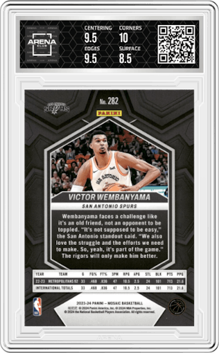 Victor Wembanyama from the 2023-24 Panini Mosaic set graded by Arena Club and given an overall grade of 9.