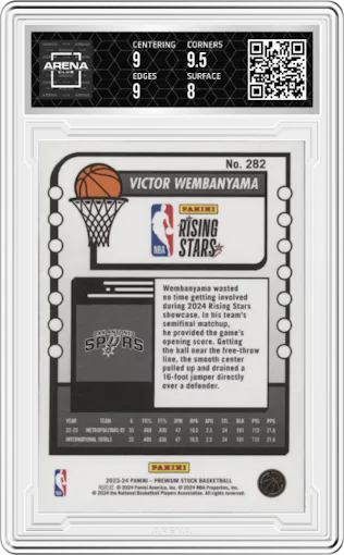 Victor Wembanyama from the 2023-24 Panini Hoops Premium Stock set graded by Arena Club and given an overall grade of 8.5.