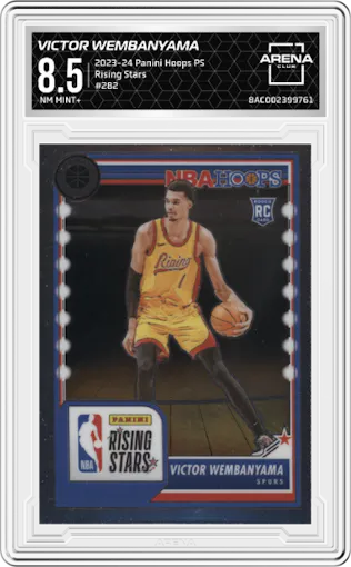 Victor Wembanyama from the 2023-24 Panini Hoops Premium Stock set graded by Arena Club and given an overall grade of 8.5.