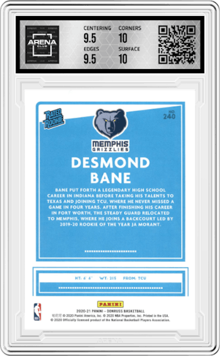 Desmond Bane from the 2020-21 Panini Donruss set featuring a Orange Laser parallel graded by Arena Club and given an overall grade of 10.