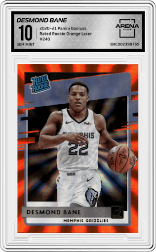 Desmond Bane from the 2020-21 Panini Donruss set featuring a Orange Laser parallel graded by Arena Club and given an overall grade of 10.