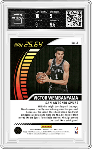 Victor Wembanyama  from the 2023-24 Panini Donruss Elite set graded by Arena Club and given an overall grade of 9.5.