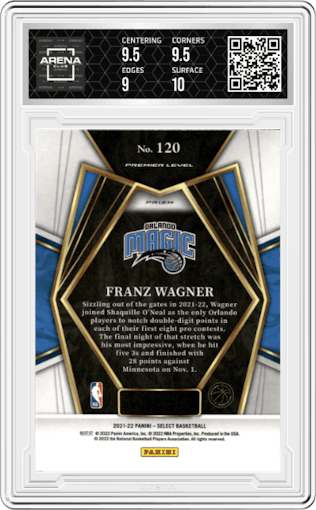 Franz Wagner from the 2021-22 Panini Select set featuring a Blue Shimmer parallel graded by Arena Club and given an overall grade of 9.5.