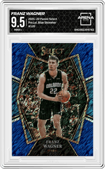 Franz Wagner from the 2021-22 Panini Select set featuring a Blue Shimmer parallel graded by Arena Club and given an overall grade of 9.5.