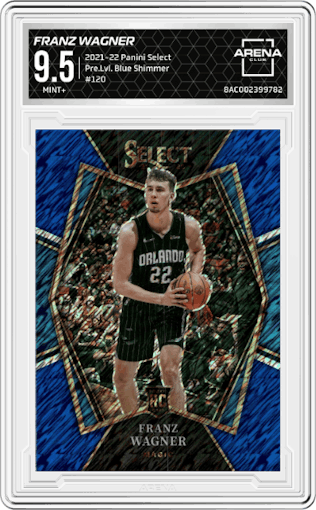 Franz Wagner from the 2021-22 Panini Select set featuring a Blue Shimmer parallel graded by Arena Club and given an overall grade of 9.5.