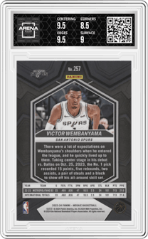 Victor Wembanyama from the 2023-24 Panini Mosaic set graded by Arena Club and given an overall grade of 9.
