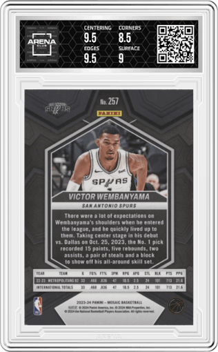 Victor Wembanyama from the 2023-24 Panini Mosaic set graded by Arena Club and given an overall grade of 9.