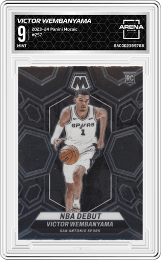 Victor Wembanyama from the 2023-24 Panini Mosaic set graded by Arena Club and given an overall grade of 9.